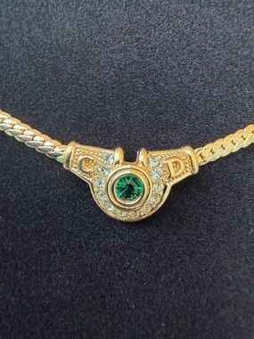 Christian DIOR Rhinestone Necklace Green Gold Plated Flat Herringbone Chain 17”